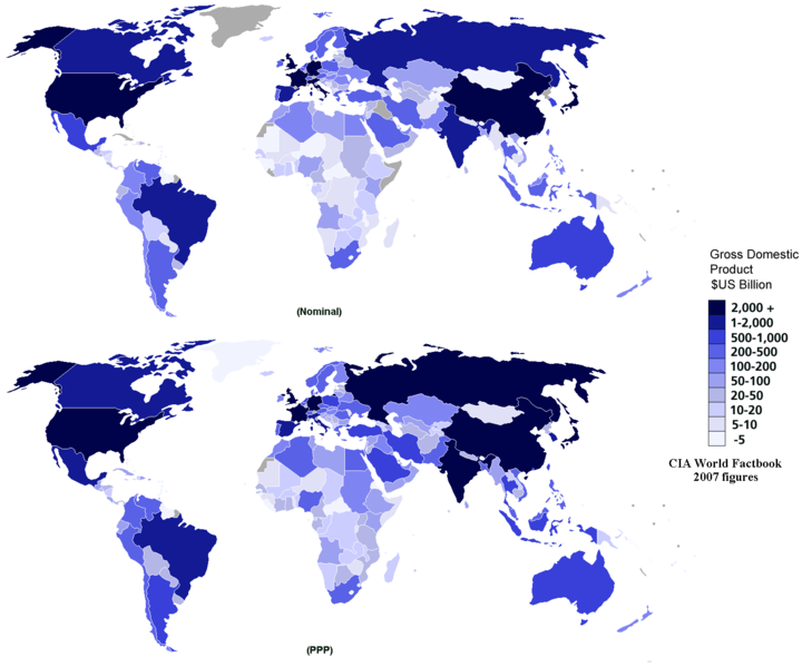 World Map Showing Nominal and Purchasing Power Parity GDP, 2007 estimates from CIA World Factbook