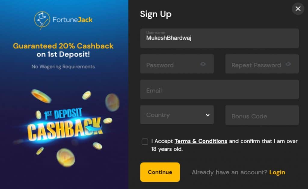 Opening an Account at Fortune Jack