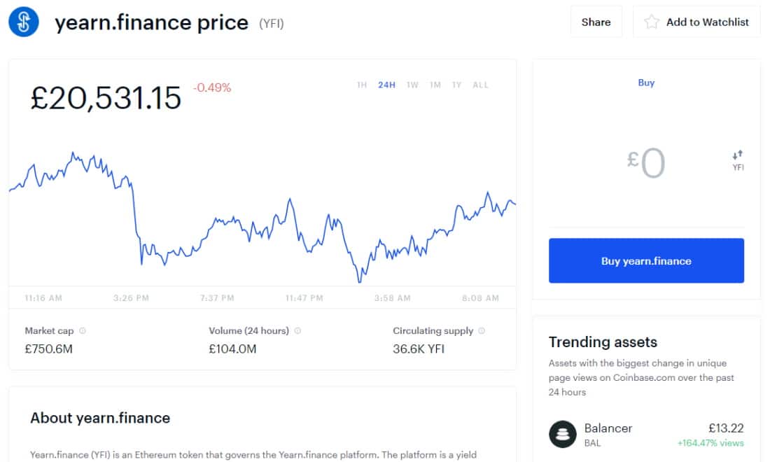 Coinbase Buy YFI in the UK