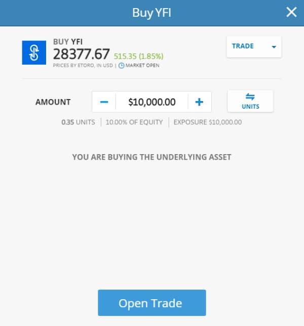 eToro buy YFI Open Trade
