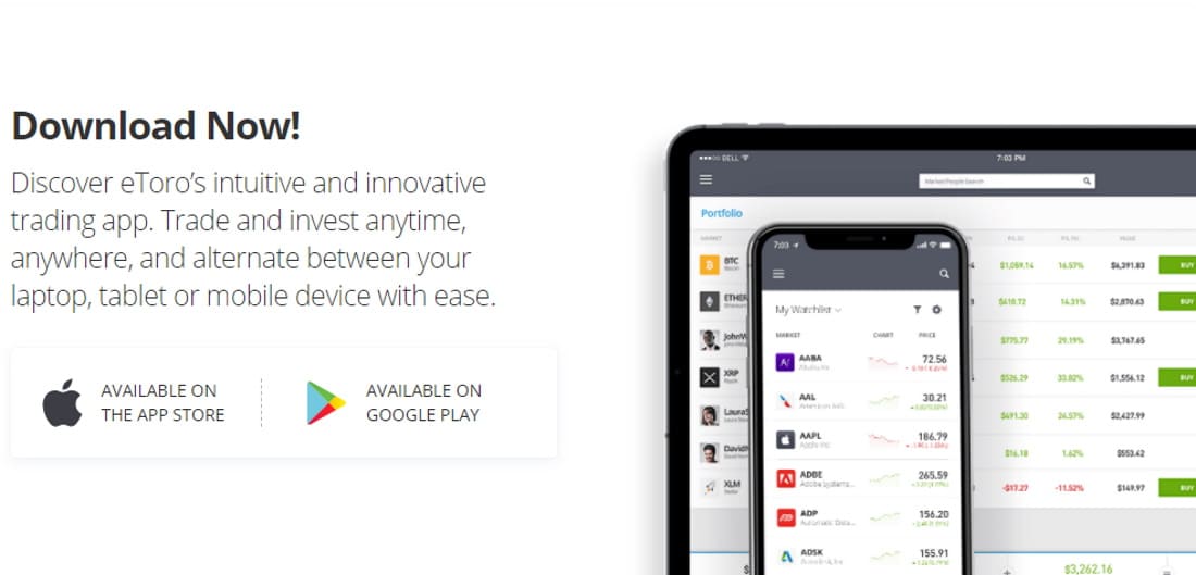 eToro mobile trading app