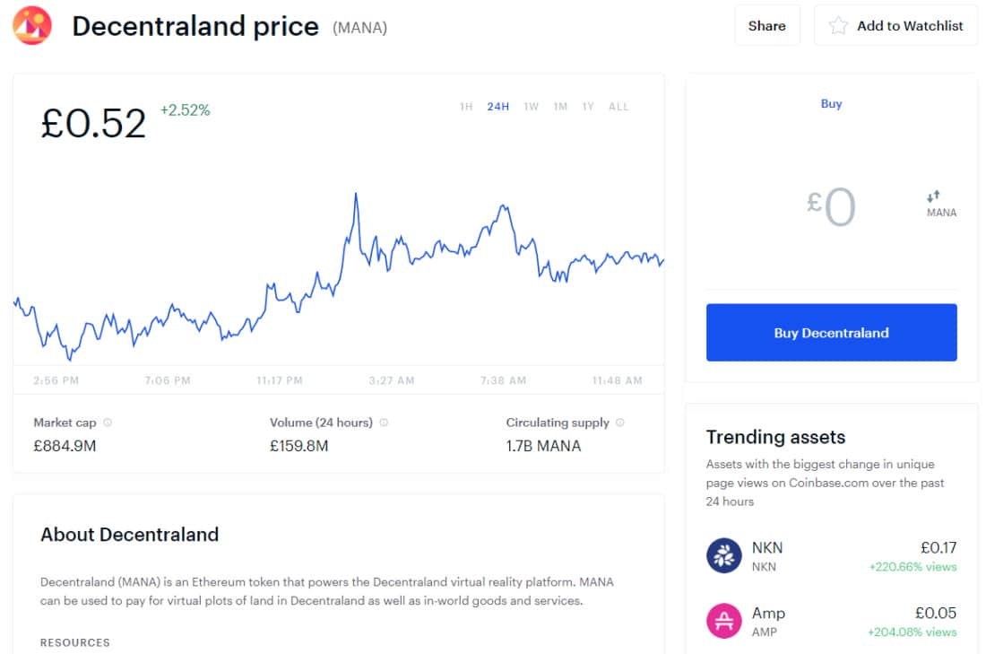 Coinbase buy Decentraland