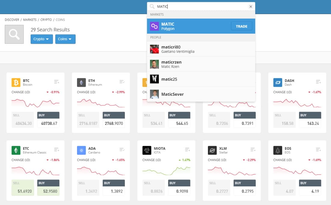 Search for MATIC on eToro