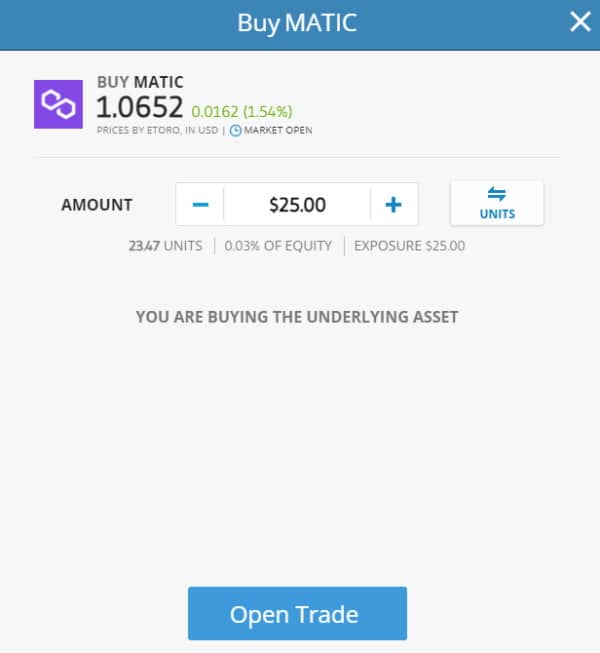 Polygon Open Trade on eToro