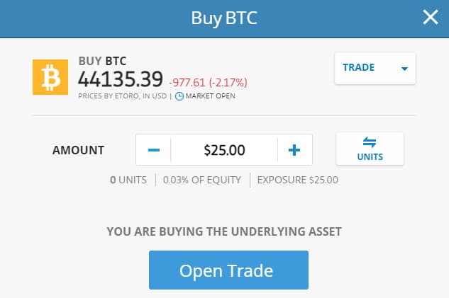 eToro buy BTC with as little as $25