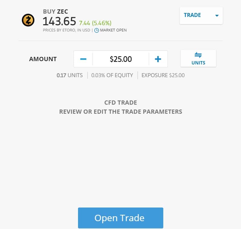 Zcash eToro Order Page