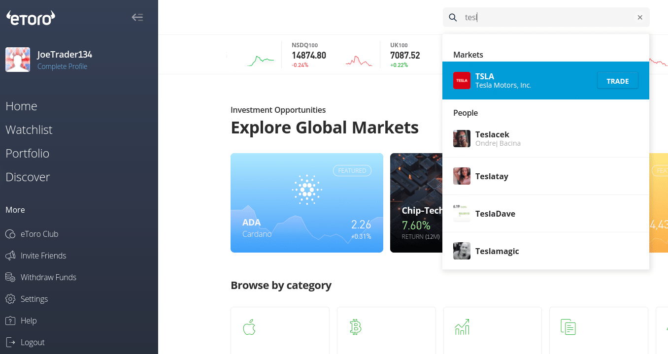 eToro search Tesla