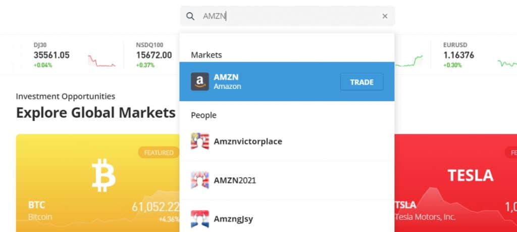Search for AMZN stocks on eToro