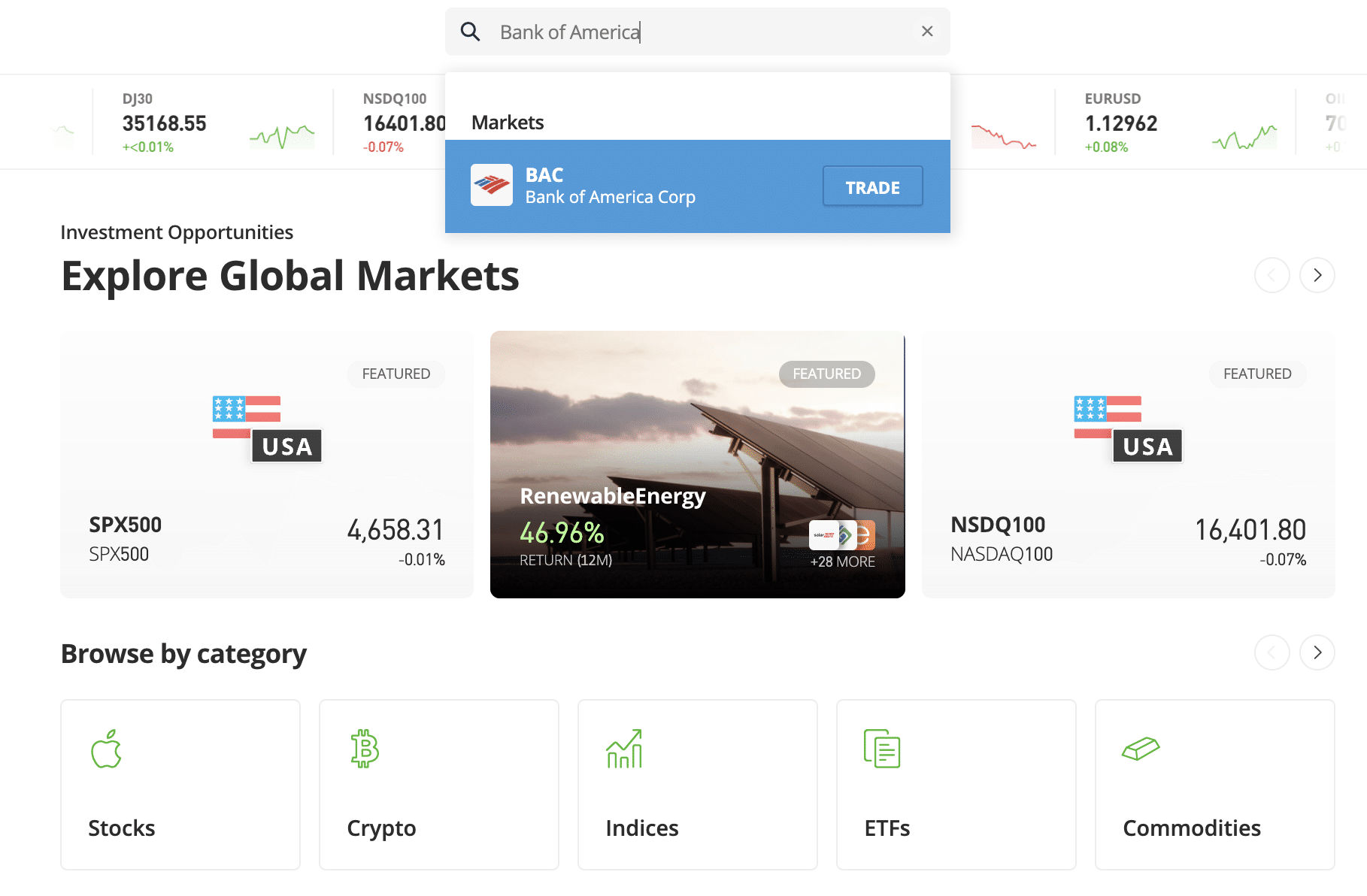 Bank of America stocks at etoro