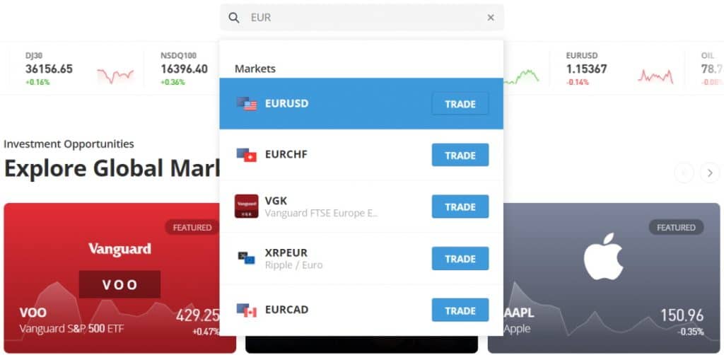 Search EUR/USD with eToro