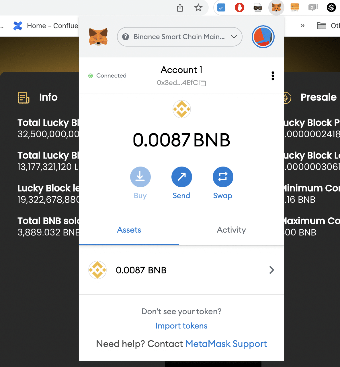 metamask connected to lucky block