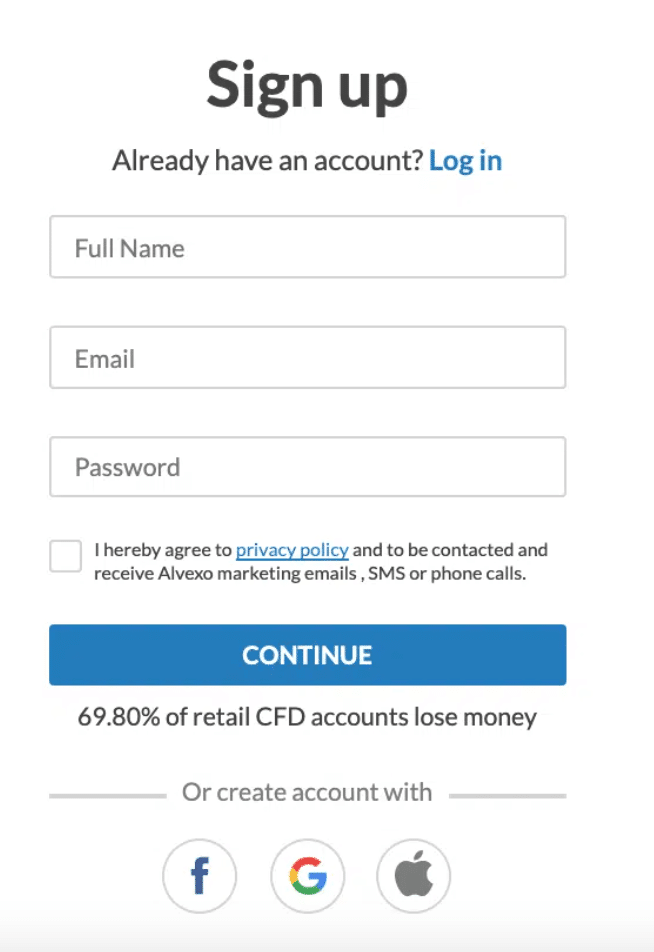 alvexo sign up