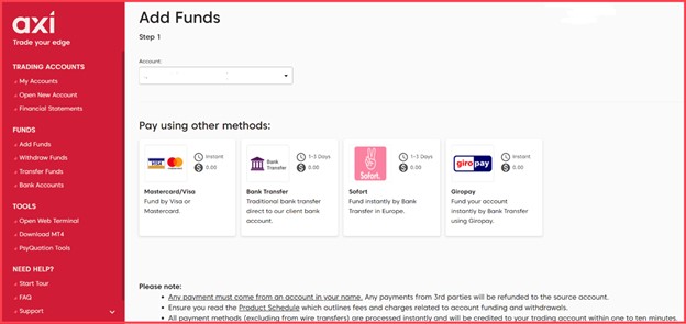 Axi Review Add funds