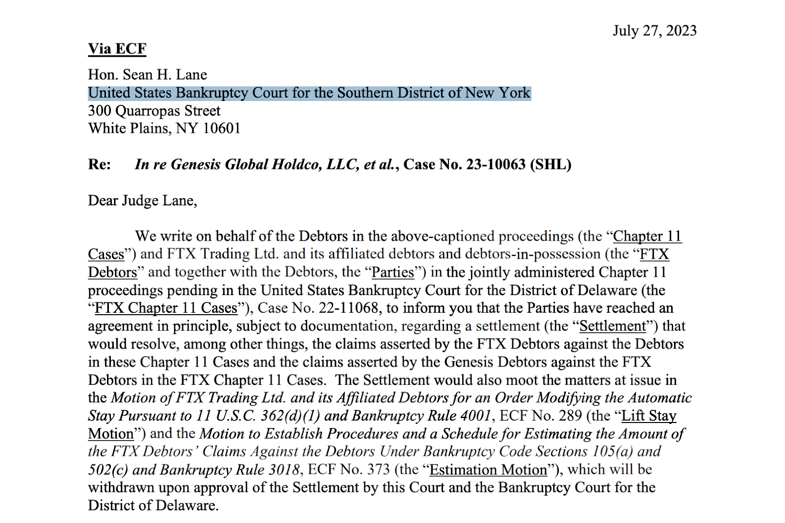 Screenshot of FTX and Genesis in-principle agreement addressed to Judge Sean H. Lane.