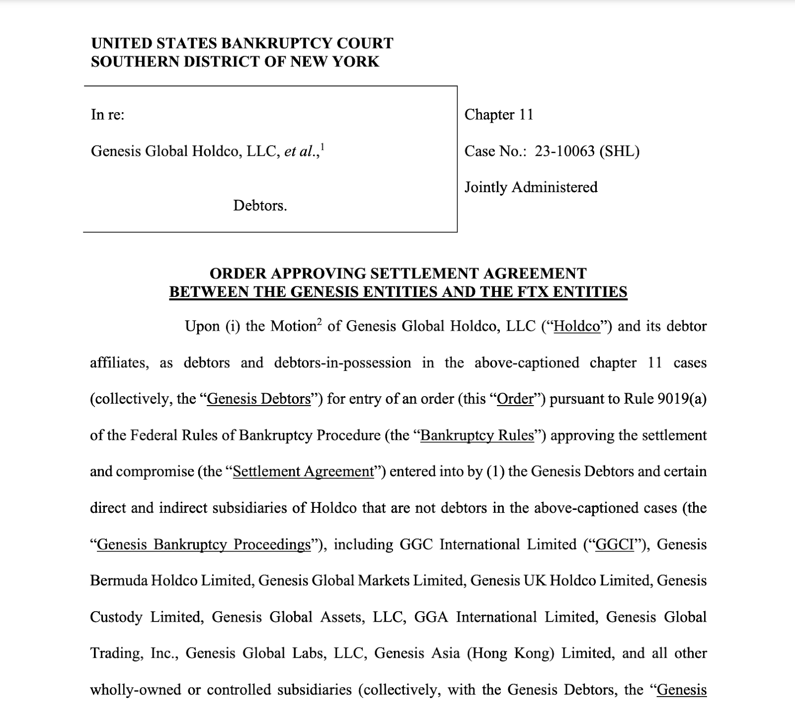 Screenshot of Court’s Bankruptcy Settlement File