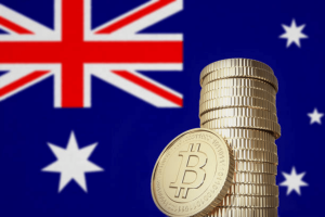 Spot Bitcoin ETFs stack with Australia flag in the background